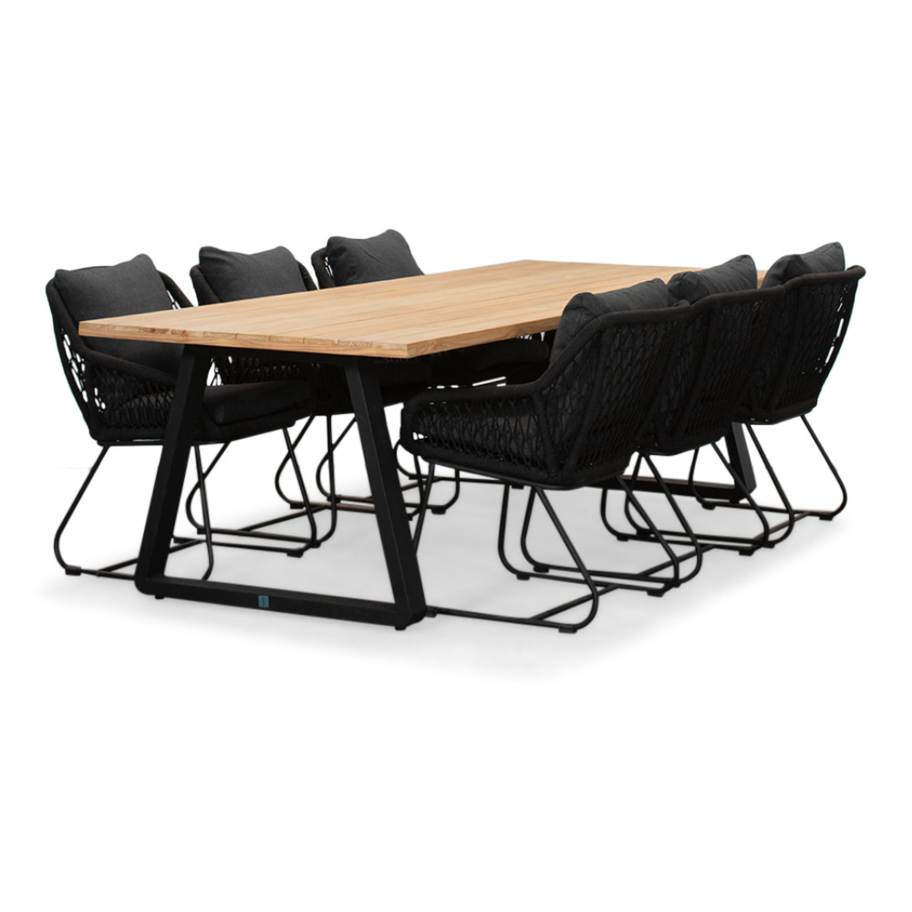 Elena/Portofino zwart dining tuinset | 6 personen | teakhout + touw | 240cm