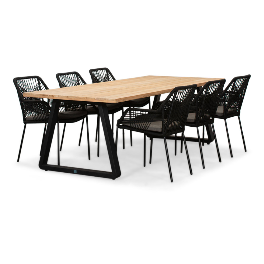 Elena/Seville zwart dining tuinset | 6 personen | teakhout + touw | 240cm afbeelding