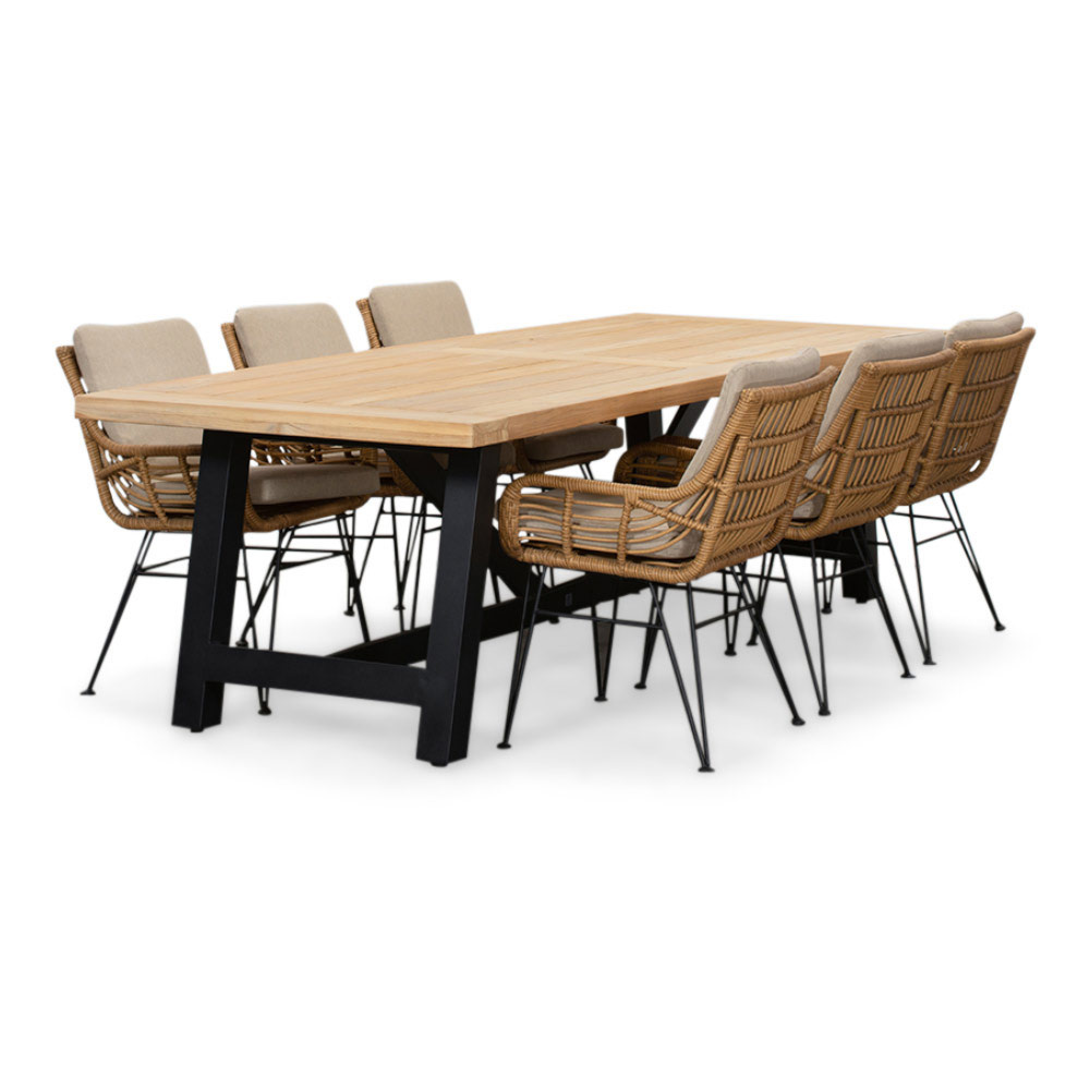 James/Carlos taupe dining tuinset | 6 personen | teakhout + wicker | 260cm