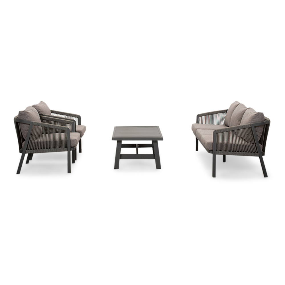 Detroit stoel-bank loungeset 5 personen | aluminium + touw | antraciet | 4-delig