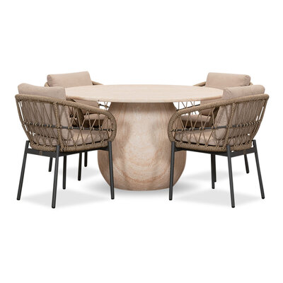 Joep/Dakota beige/antraciet dining tuinset | 4 personen | travertin + touw | 135cm rond