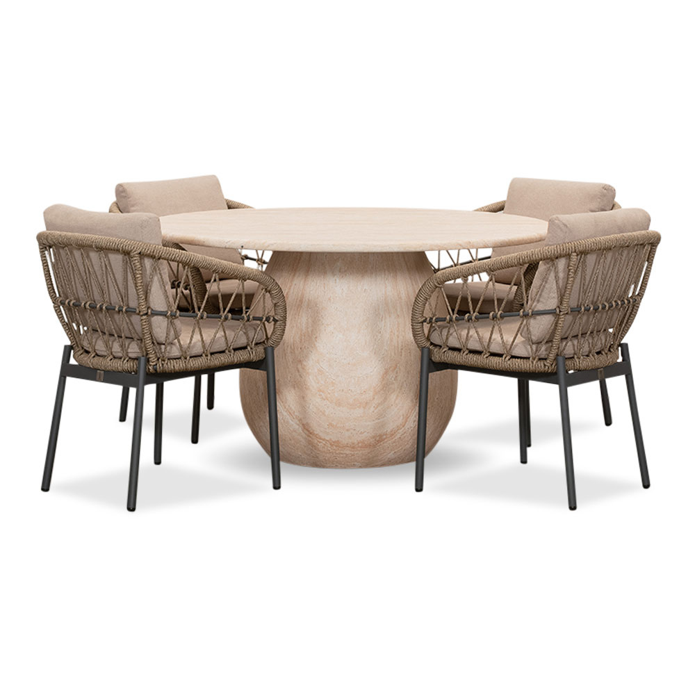 Joep/Dakota beige/antraciet dining tuinset | 4 personen | travertin + touw | 135cm rond afbeelding