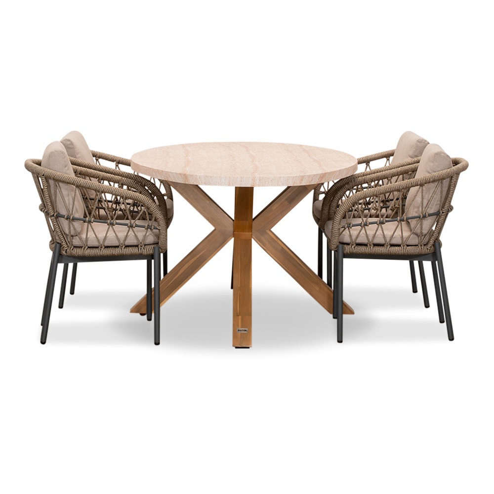 Lorento/Dakota beige/antraciet dining tuinset | 4 personen | travertin + touw | 200cm