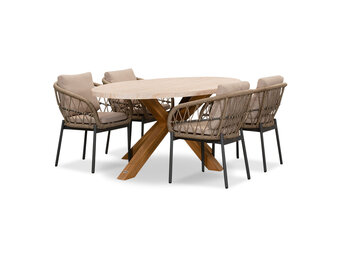 Lorento/Dakota beige/antraciet dining tuinset | 4 personen | travertin + touw | 200cm
