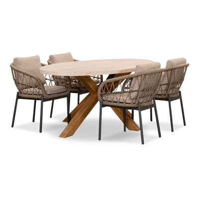 Lorento/Dakota beige/antraciet dining tuinset | 4 personen | travertin + touw | 200cm