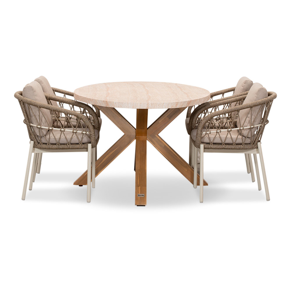 Lorento/Dakota beige/wit dining tuinset | 4 personen | travertin + touw | 200cm