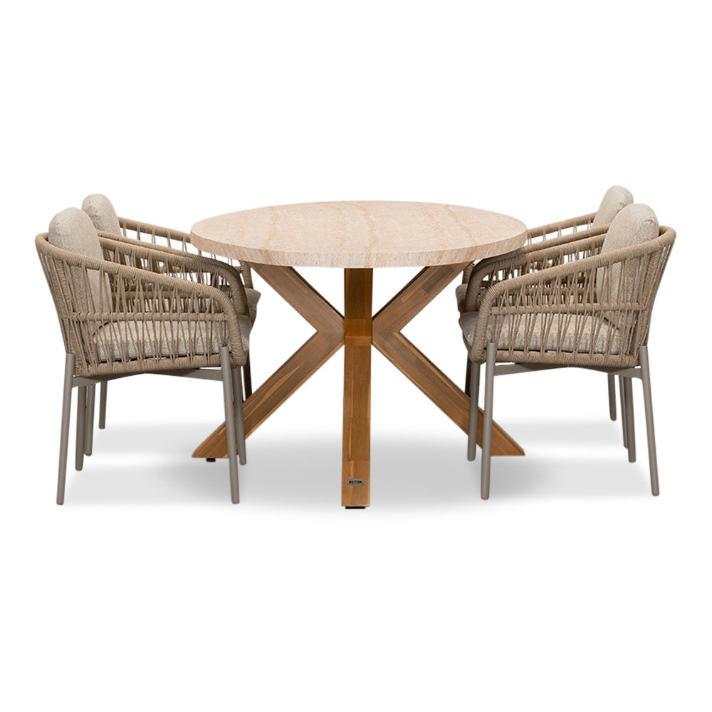Lorento/Rico zand dining tuinset | 4 personen | travertin + touw | 200cm