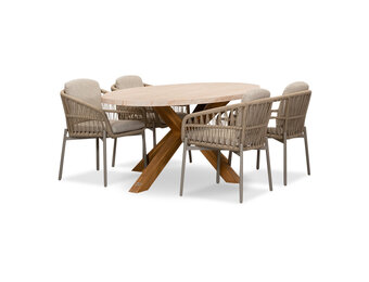 Lorento/Rico zand dining tuinset | 4 personen | travertin + touw | 200cm