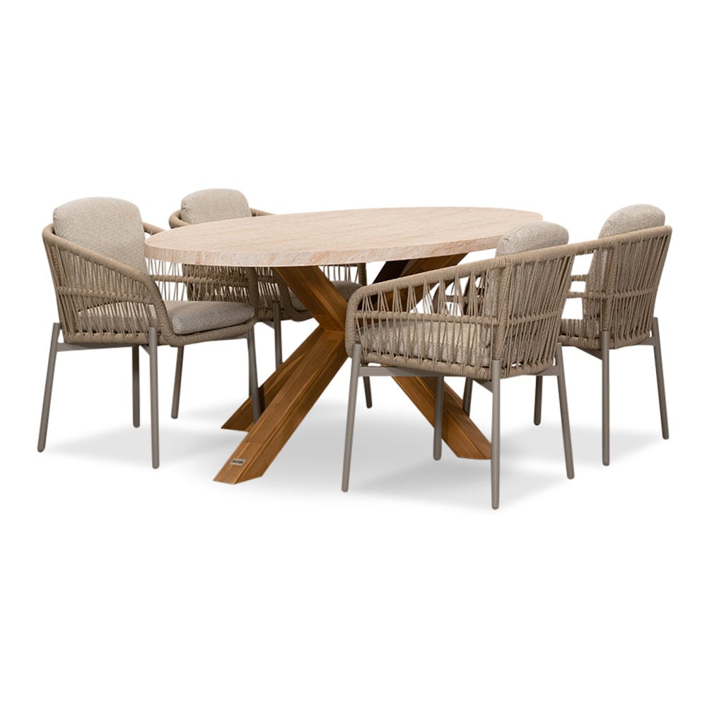 BUITEN living Lorento/Rico zand dining tuinset | 4 personen | travertin + touw | 200cm