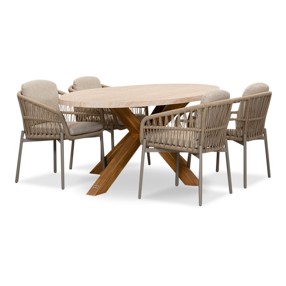 Lorento/Rico zand dining tuinset | 4 personen | travertin + touw | 200cm