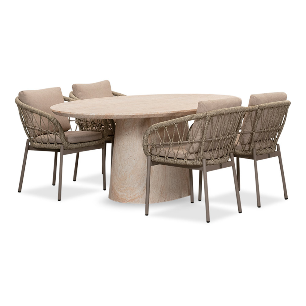 Max/Dakota beige dining tuinset | 4 personen | travertin + touw | 200cm ovaal