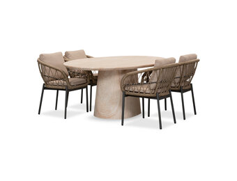 Max/Dakota beige/antraciet dining tuinset | 4 personen | travertin + touw | 200cm ovaal