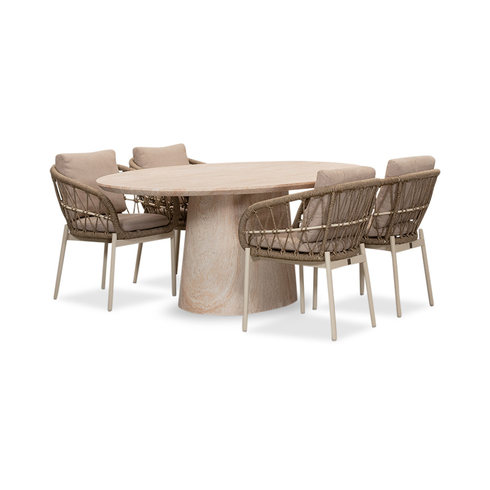 Max/Dakota beige/wit dining tuinset | 4 personen | travertin + touw | 200cm ovaal