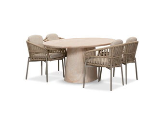 Max/Rico zand dining tuinset | 4 personen | travertin + aluminium | 200cm ovaal