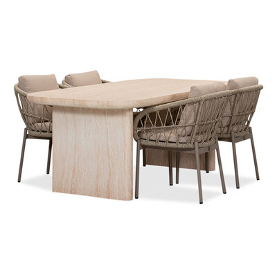 Mees/Dakota beige dining tuinset | 4 personen | travertin + touw | 200cm