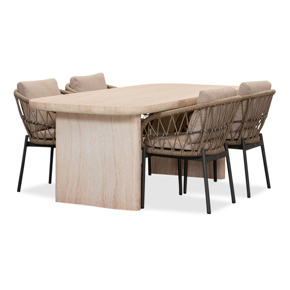 Mees/Dakota beige/antraciet dining tuinset | 4 personen | travertin + touw | 200cm