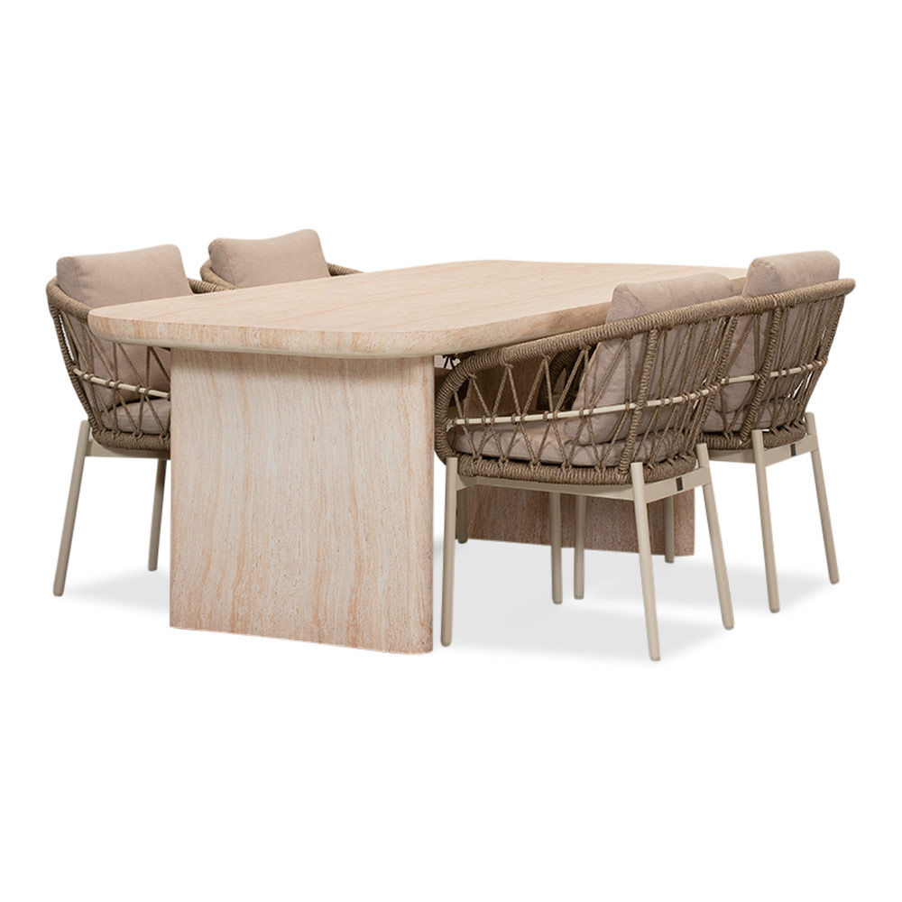 Mees/Dakota beige/wit dining tuinset | 4 personen | travertin + touw | 200cm afbeelding