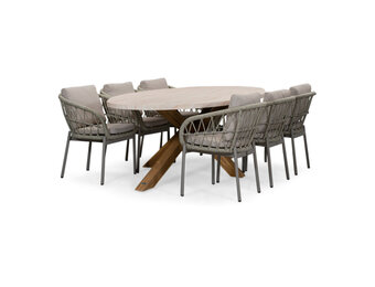 Lorento/Dakota beige dining tuinset | 6 personen | travertin + touw | 240cm