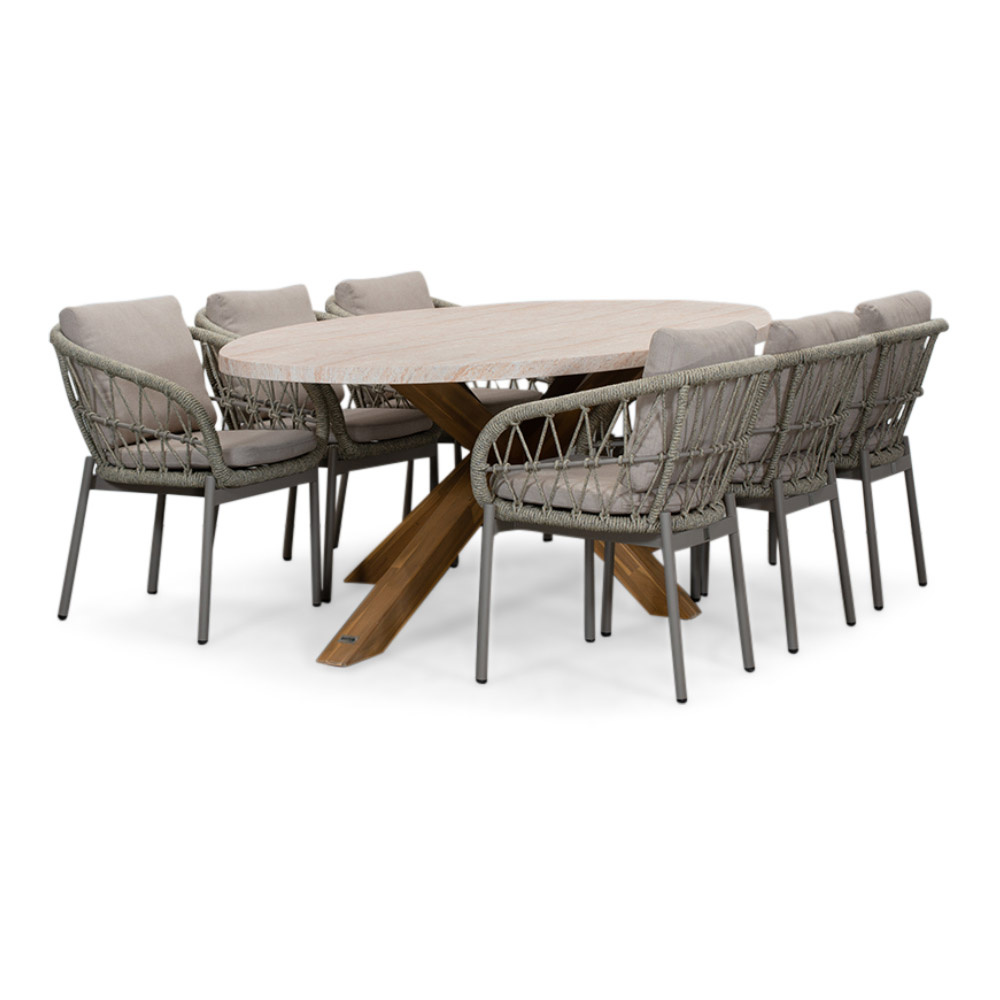 Lorento/Dakota beige dining tuinset | 6 personen | travertin + touw | 240cm afbeelding