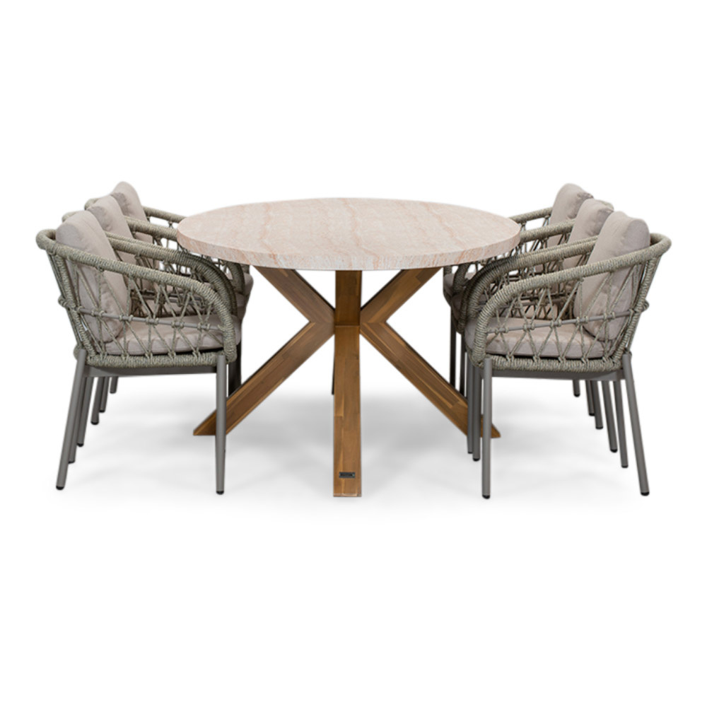 Lorento/Dakota beige dining tuinset | 6 personen | travertin + touw | 240cm
