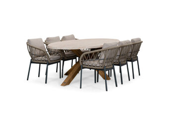 Lorento/Dakota beige/antraciet dining tuinset | 6 personen | travertin + touw | 240cm