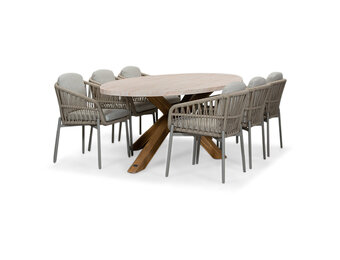 Lorento/Rico zand dining tuinset | 6 personen | travertin + touw | 240cm