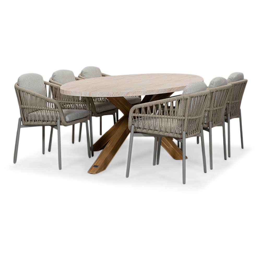 Lorento/Rico zand dining tuinset | 6 personen | travertin + touw | 240cm afbeelding