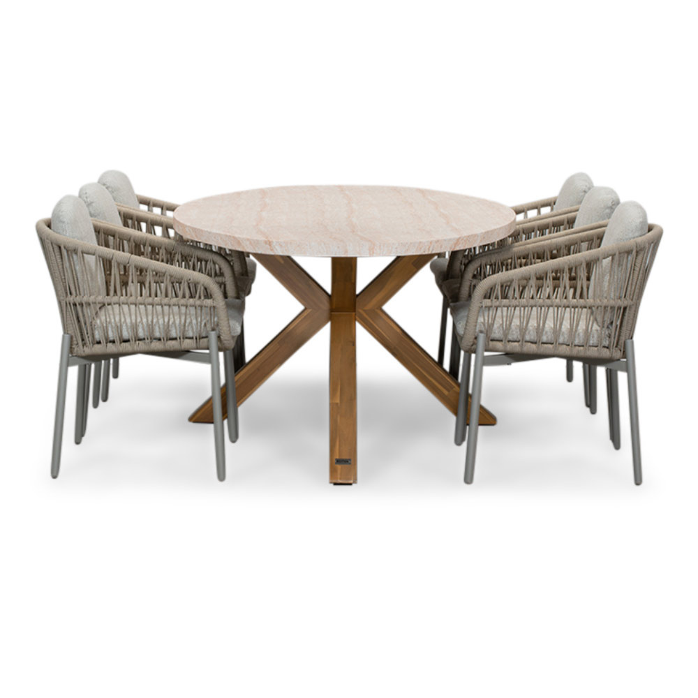 Lorento/Rico zand dining tuinset | 6 personen | travertin + touw | 240cm