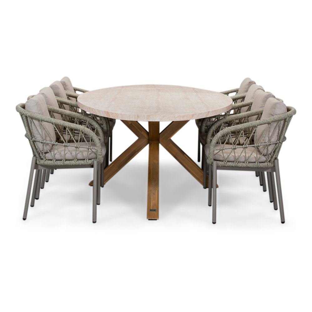 Lorento/Dakota beige dining tuinset | 8 personen | travertin + touw | 280cm