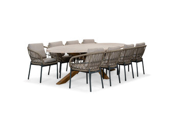 Lorento/Dakota beige/antraciet dining tuinset | 8 personen | travertin + touw | 280cm