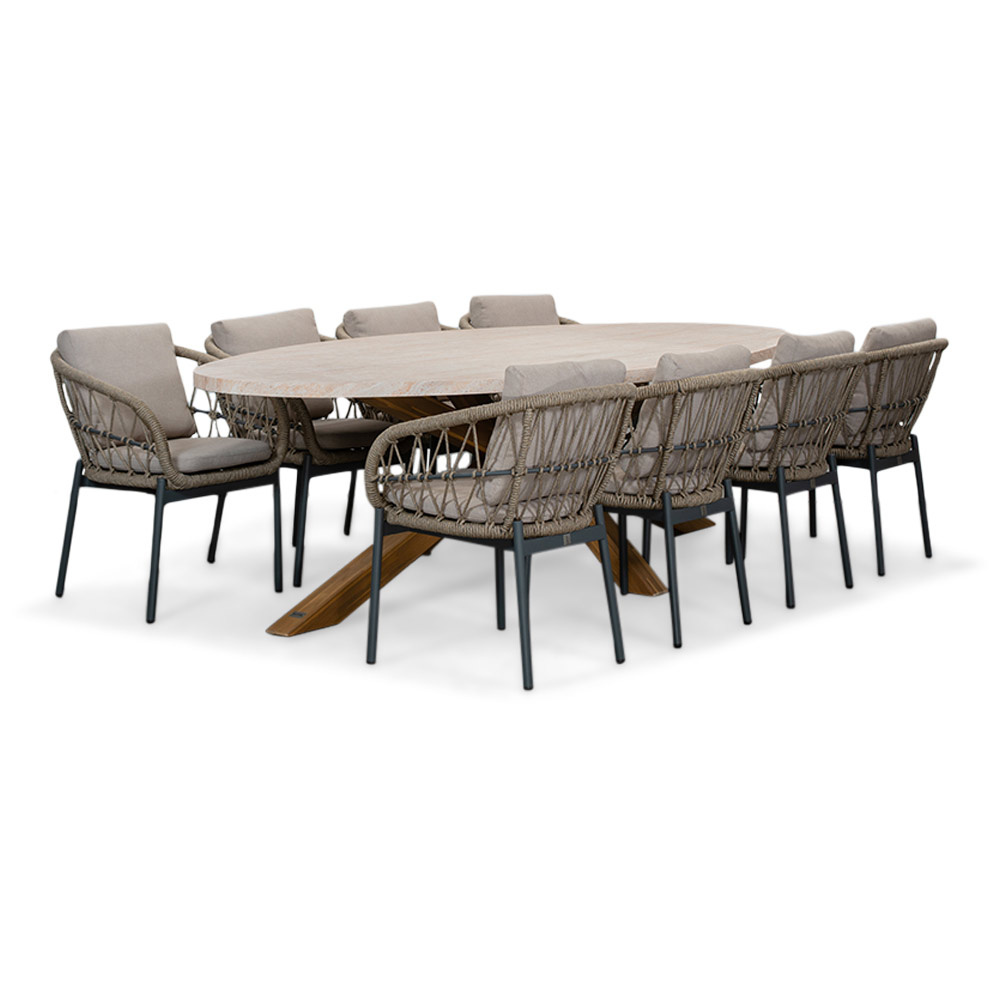 Lorento/Dakota beige/antraciet dining tuinset | 8 personen | travertin + touw | 280cm