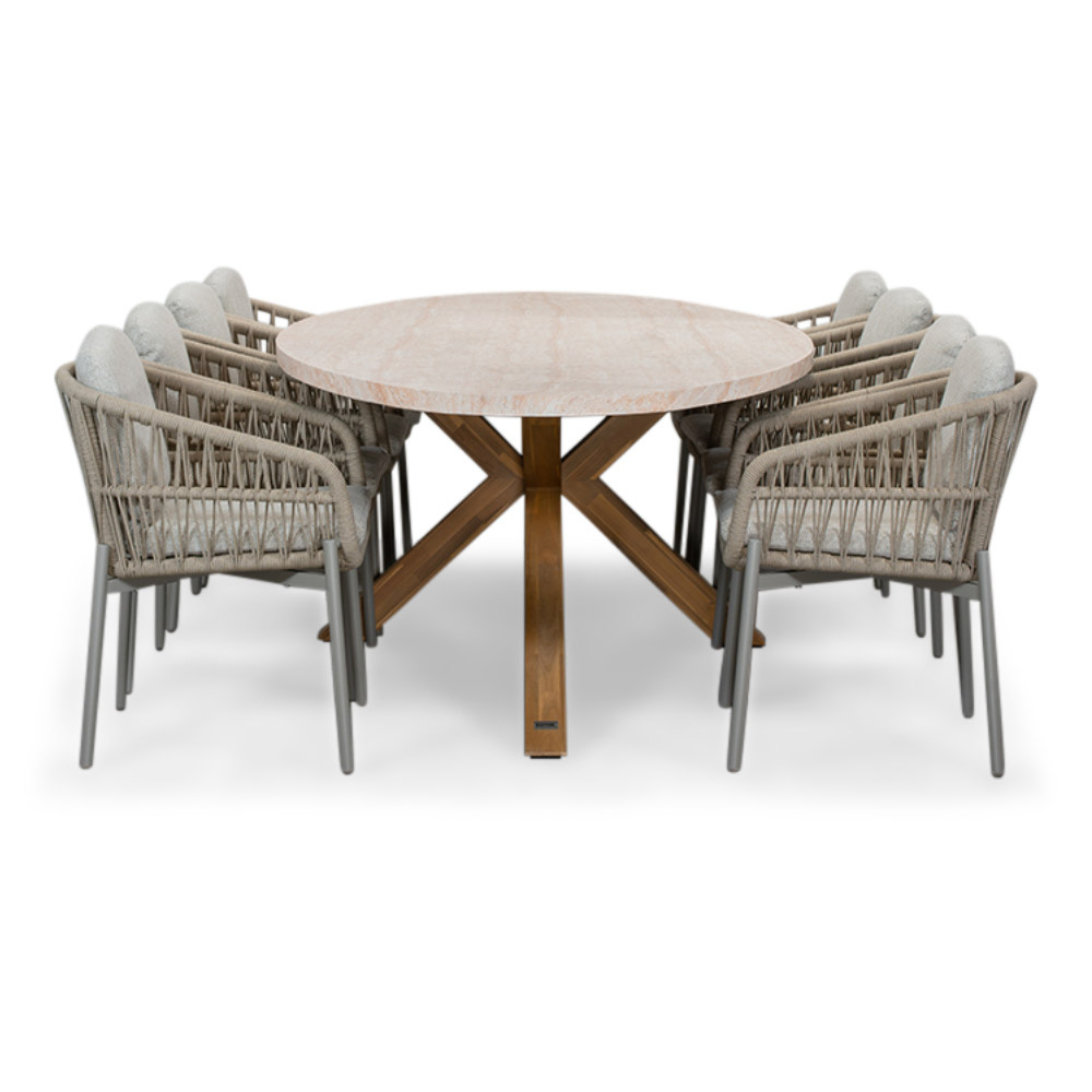 Lorento/Rico zand dining tuinset | 8 personen | travertin + touw | 280cm