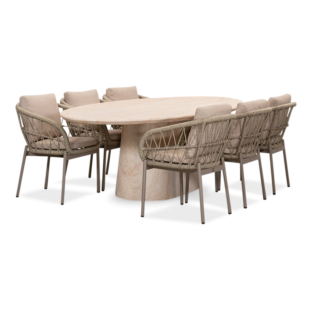 Max/Dakota beige dining tuinset | 6 personen | travertin + touw | 240cm ovaal