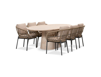Max/Dakota beige/antraciet dining tuinset | 6 personen | travertin + touw | 240cm ovaal