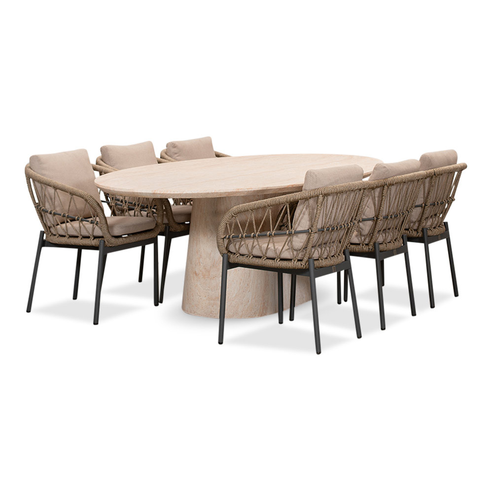 Max/Dakota beige/antraciet dining tuinset | 6 personen | travertin + touw | 240cm ovaal