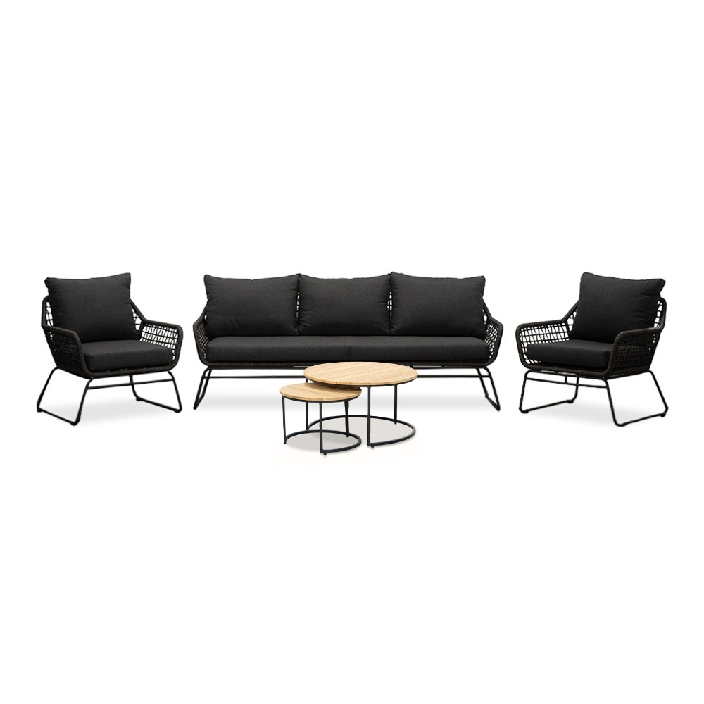 Valencia/Aurora stoel-bank loungeset 5 personen | touw + teakhout | Lava Grey | 5-delig