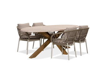 Lorento/Dakota beige/wit dining tuinset | 4 personen | travertin + touw | 200cm