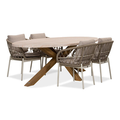Lorento/Dakota beige/wit dining tuinset | 4 personen | travertin + touw | 200cm