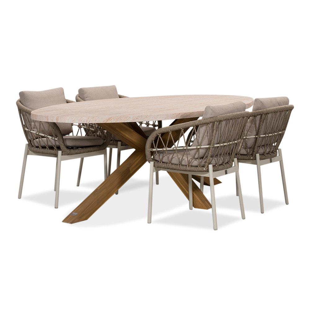Lorento/Dakota beige/wit dining tuinset | 4 personen | travertin + touw | 200cm