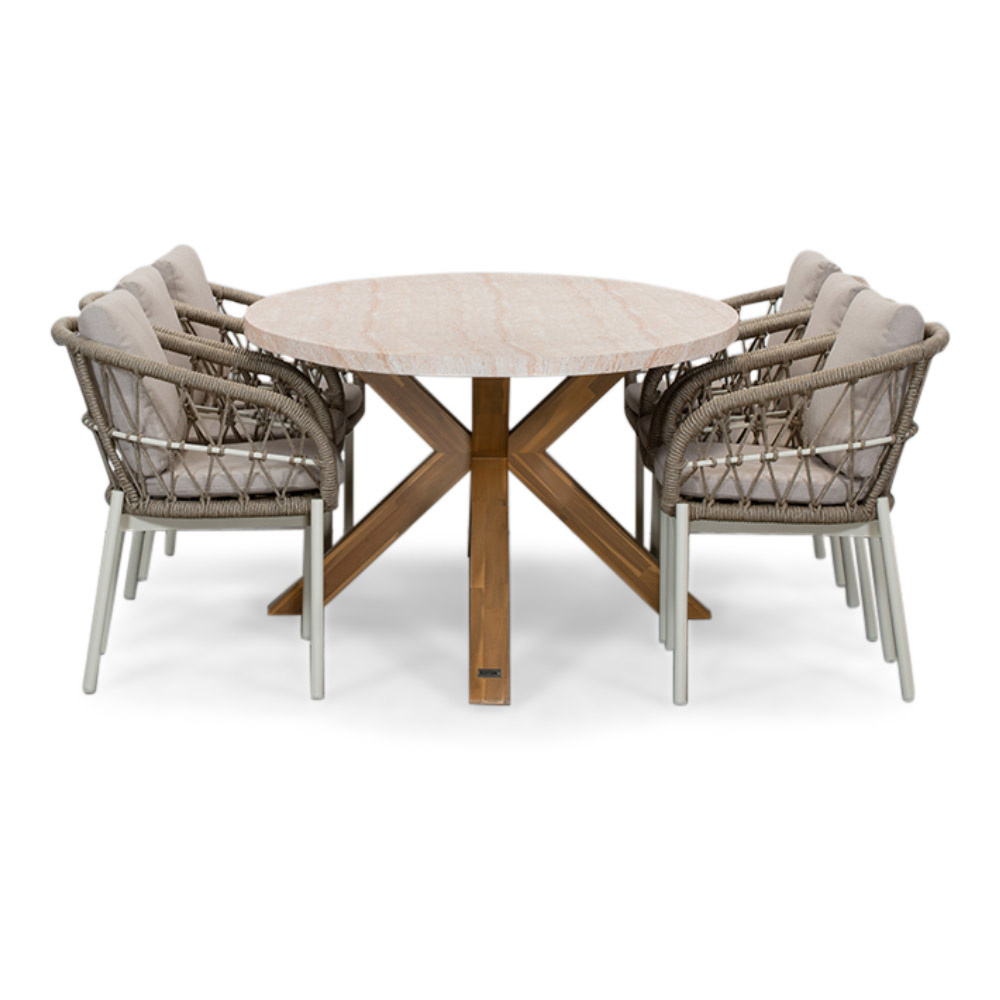 Lorento/Dakota beige/wit dining tuinset | 6 personen | travertin + touw | 240cm