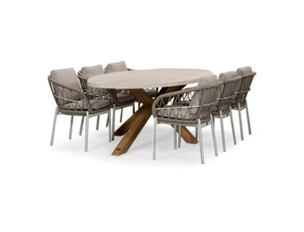 Lorento/Dakota beige/wit dining tuinset | 6 personen | travertin + touw | 240cm