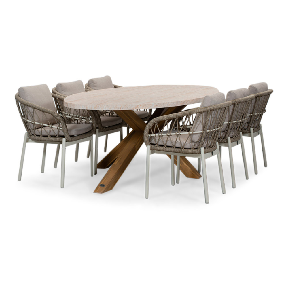 Lorento/Dakota beige/wit dining tuinset | 6 personen | travertin + touw | 240cm
