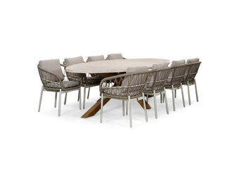 Lorento/Dakota beige/wit dining tuinset | 8 personen | travertin + touw | 280cm