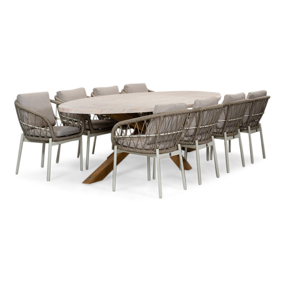 Lorento/Dakota beige/wit dining tuinset | 8 personen | travertin + touw | 280cm