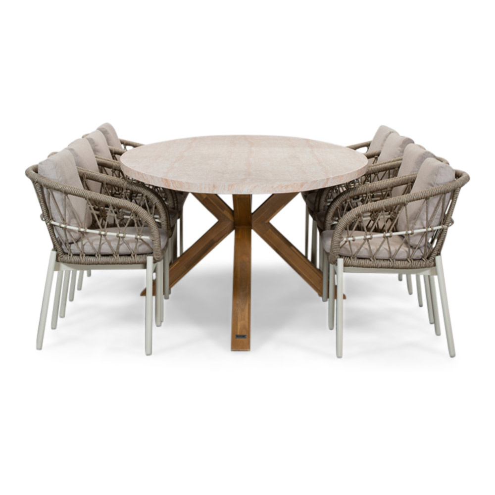 Lorento/Dakota beige/wit dining tuinset | 8 personen | travertin + touw | 280cm