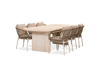 Mees/Dakota beige/wit dining tuinset | 6 personen | travertin + touw | 240cm