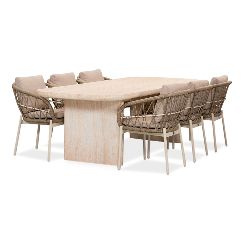 Mees/Dakota beige/wit dining tuinset | 6 personen | travertin + touw | 240cm afbeelding