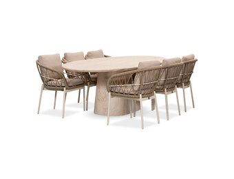 Max/Dakota beige/wit dining tuinset | 6 personen | travertin + touw | 240cm ovaal
