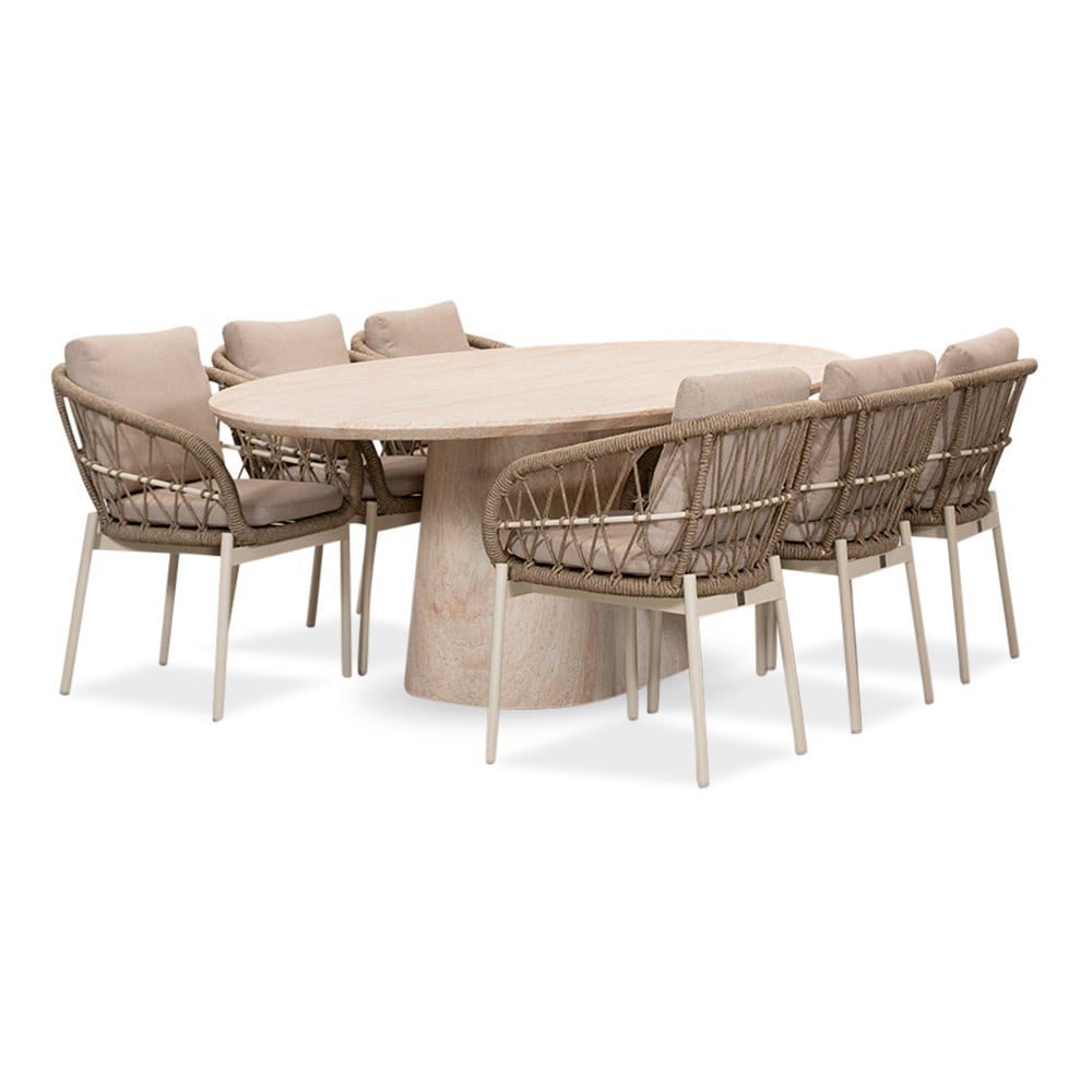 Max/Dakota beige/wit dining tuinset | 6 personen | travertin + touw | 240cm ovaal afbeelding