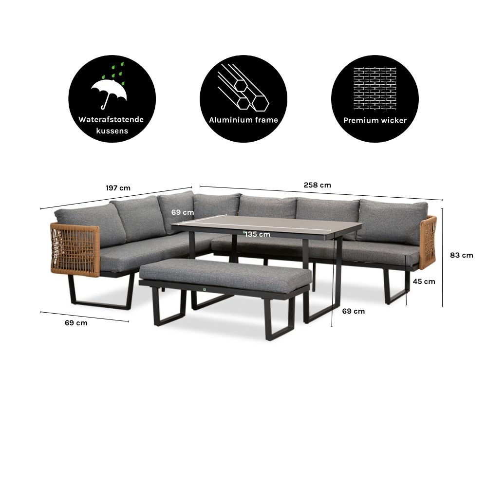Moskou dining loungeset 8 personen | aluminium + wicker | antraciet | 4-delig - 258x197cm